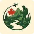 catravelsandtours Logo that reflects the enthusiasm of a traveling along the background and graphics of mountains, trees, river, airplane and a main in hiking dress and gear.